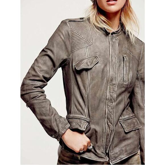 Free People Distressed Leather Jacket RARE The Originals Phoebe Tonkin Taupe 4 - Picture 1 of 11